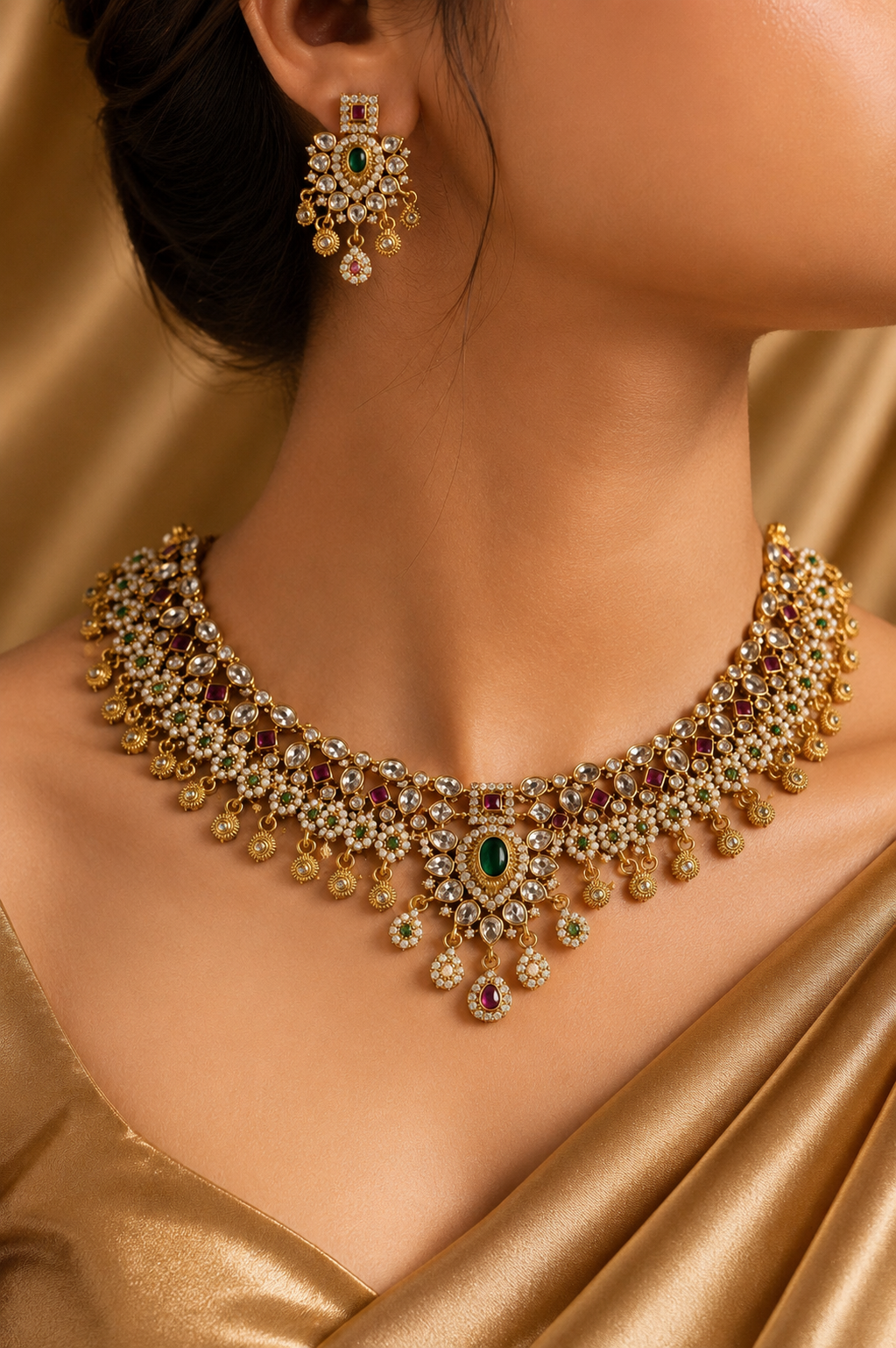 Polki Choker Necklace Set with Earrings – S1039