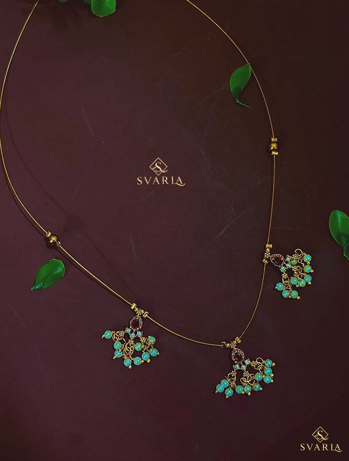 Gold Wire Triple Charm Necklace with Aqua Beads & Ruby Accents - S1005