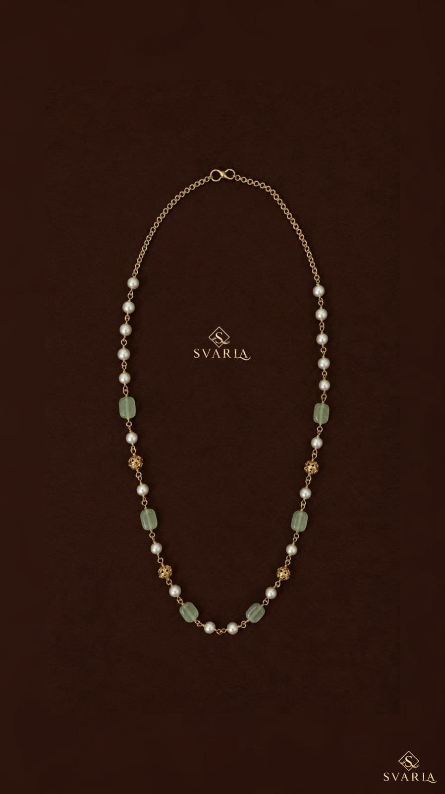 Emerald Green Stone & Pearl Long Chain Necklace - S1009
