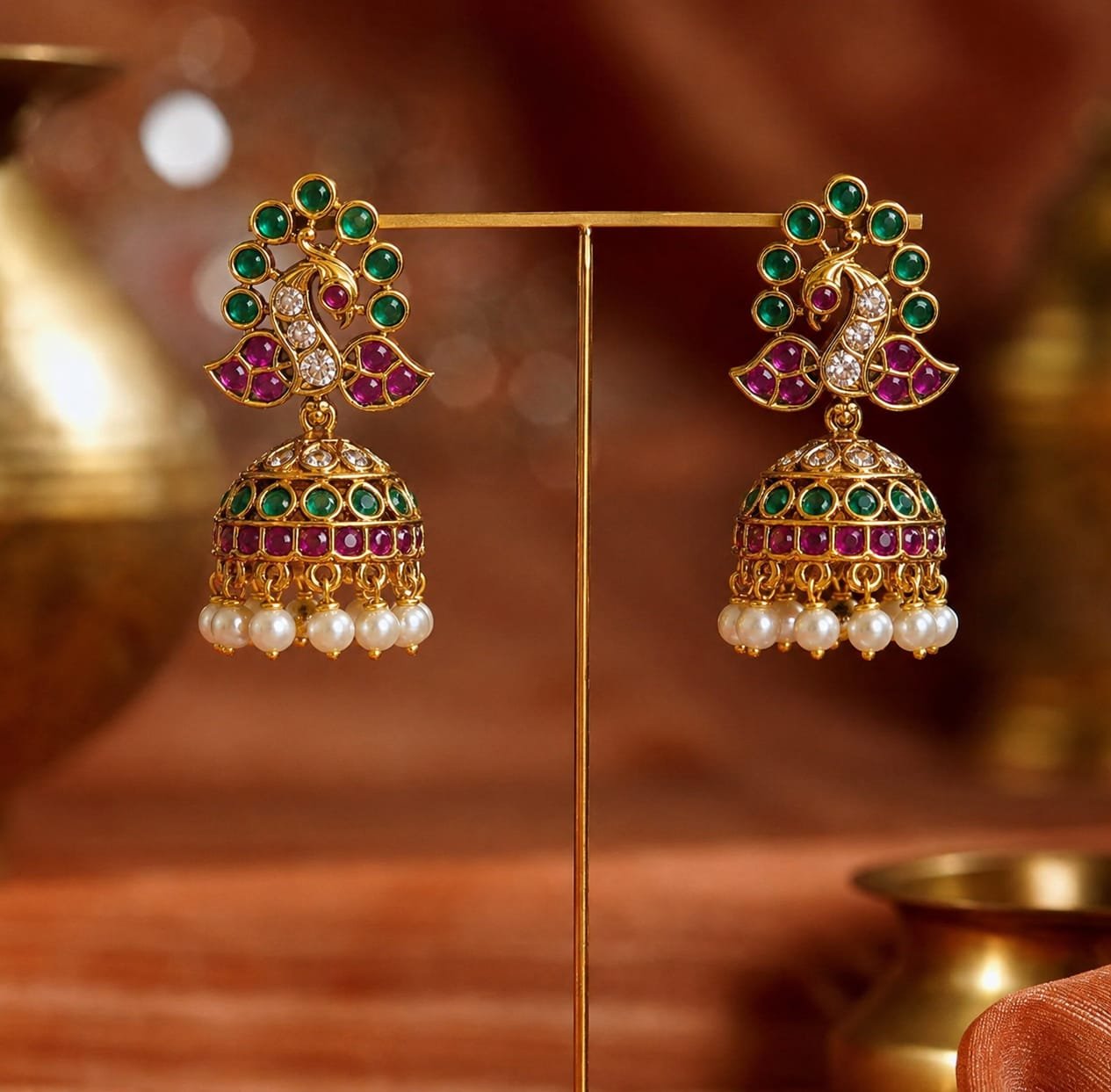 Peacock Jhumka Earrings – Kundan with Ruby, Emerald & Pearl Drops (S3004)