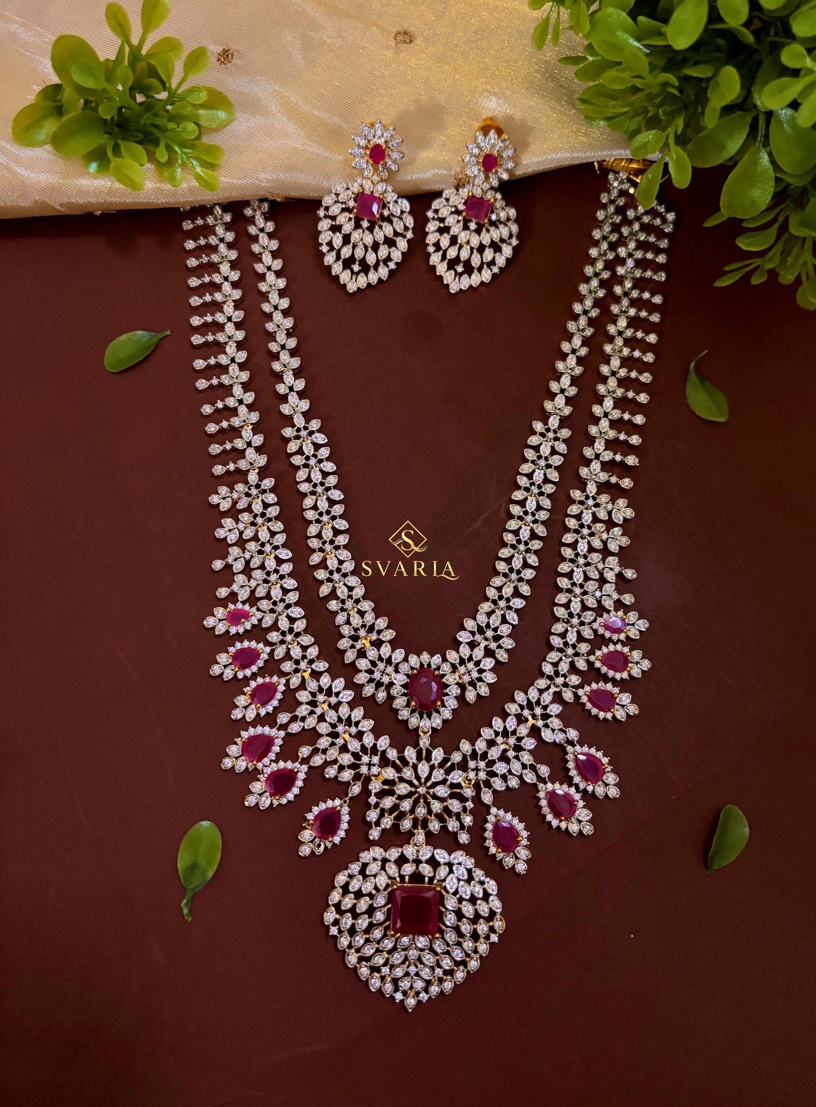 Ruby Diamond Leaf Haram with Chandbali Earrings - S2008