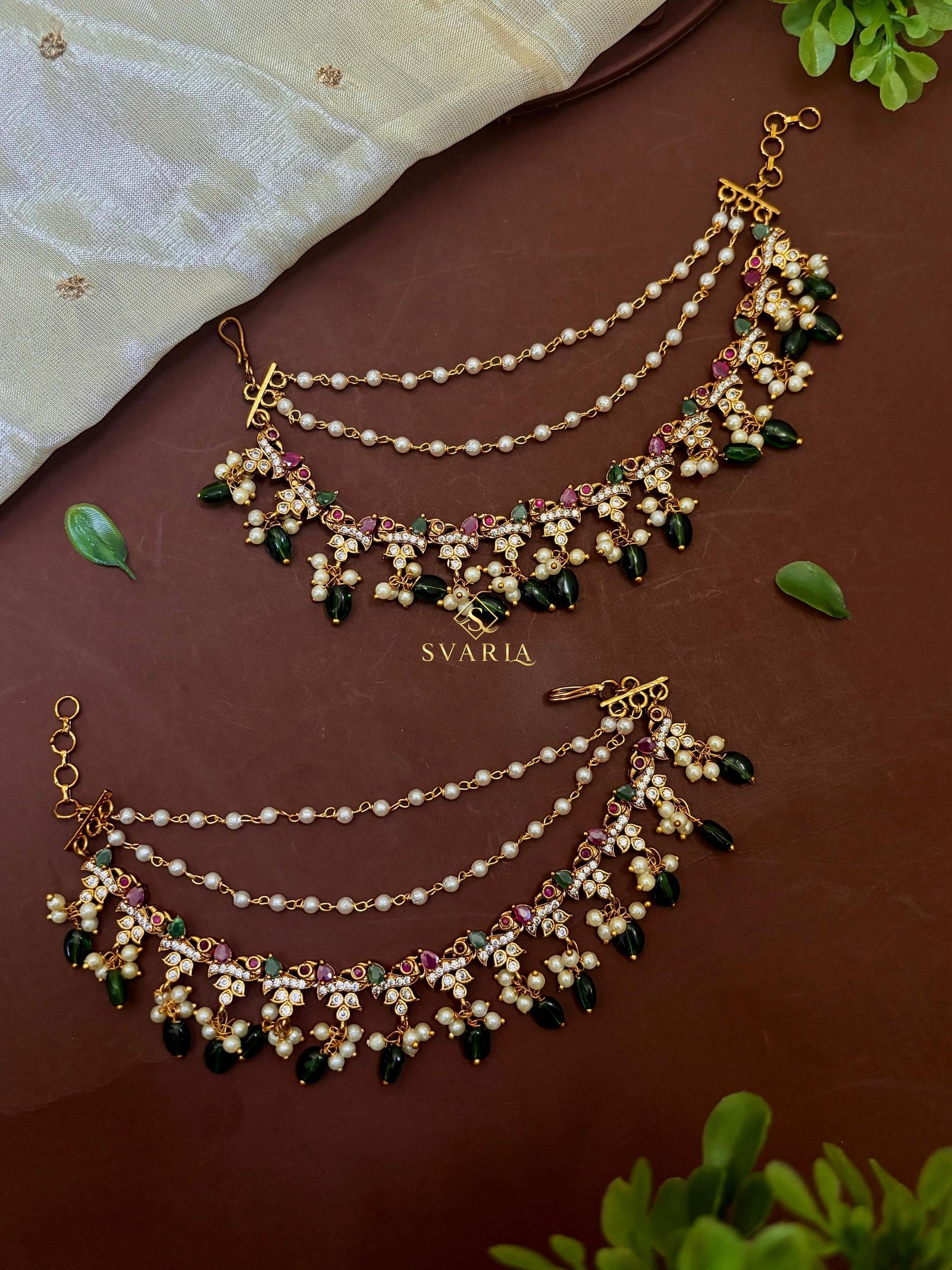 Kundan Emerald Pearl Ear Chain Set - S4005