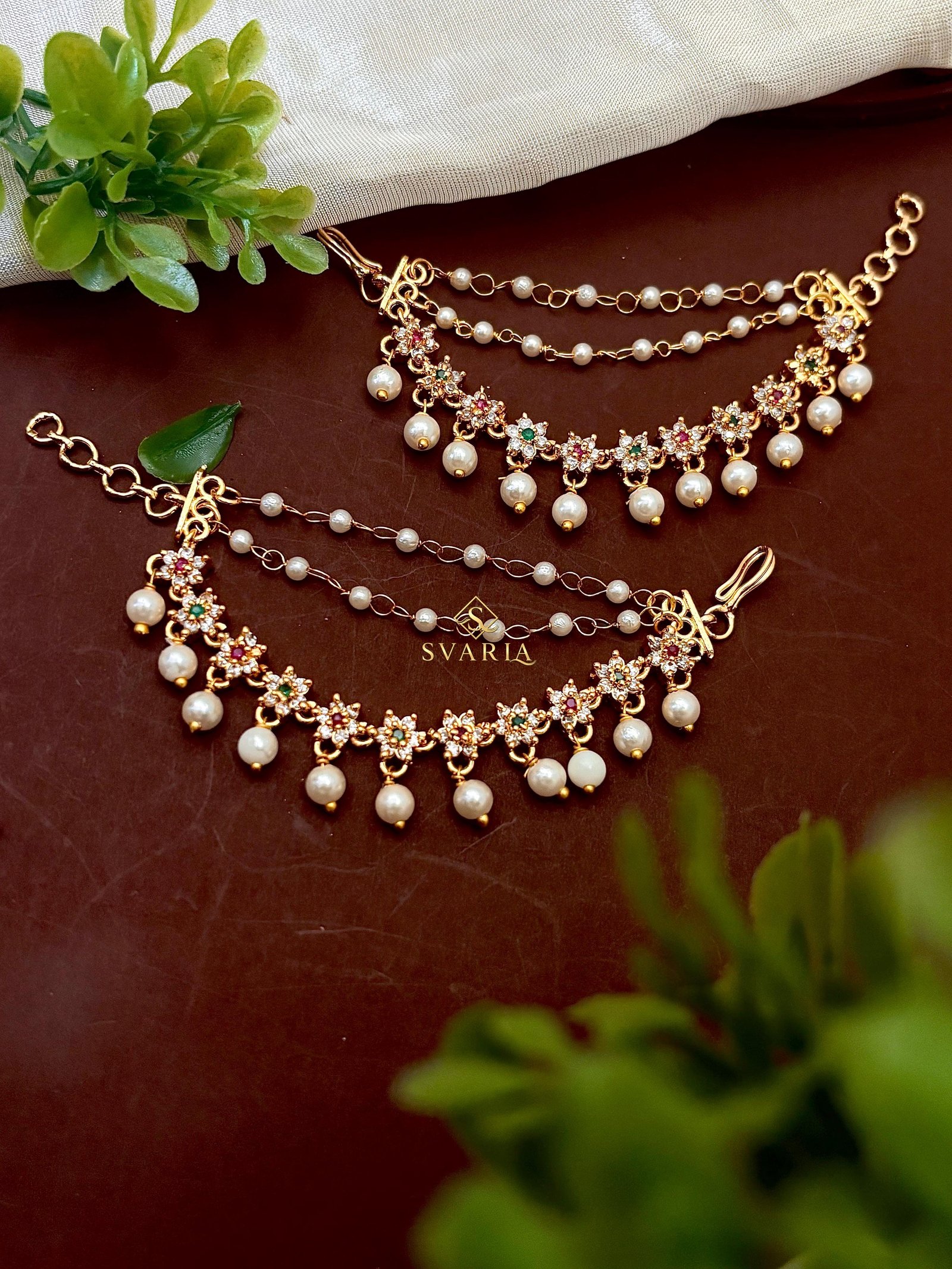 Floral Pearl Drop Ear Chain Set - S4002