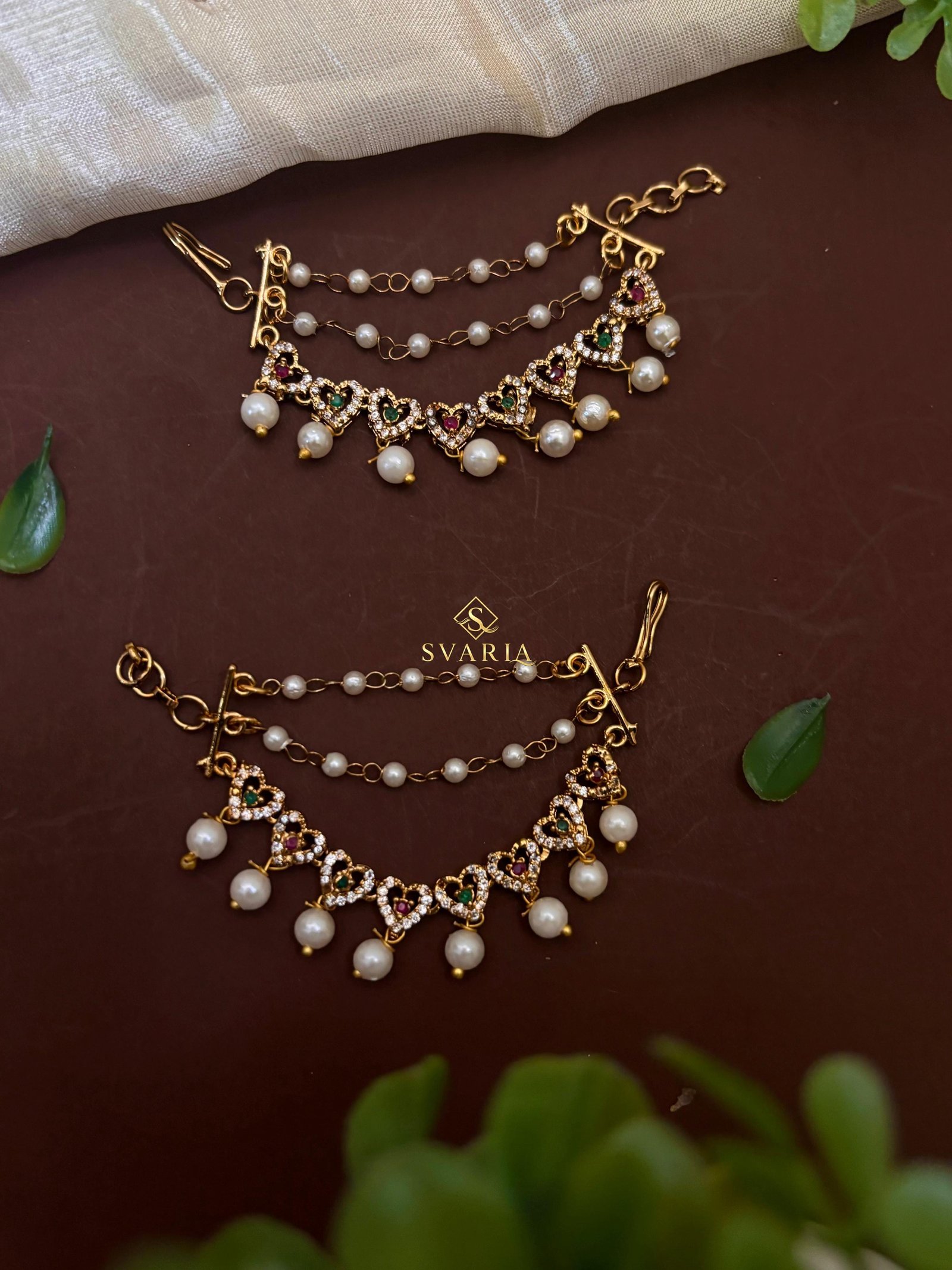 Heart Motif Pearl Ear Chain Set - S4004
