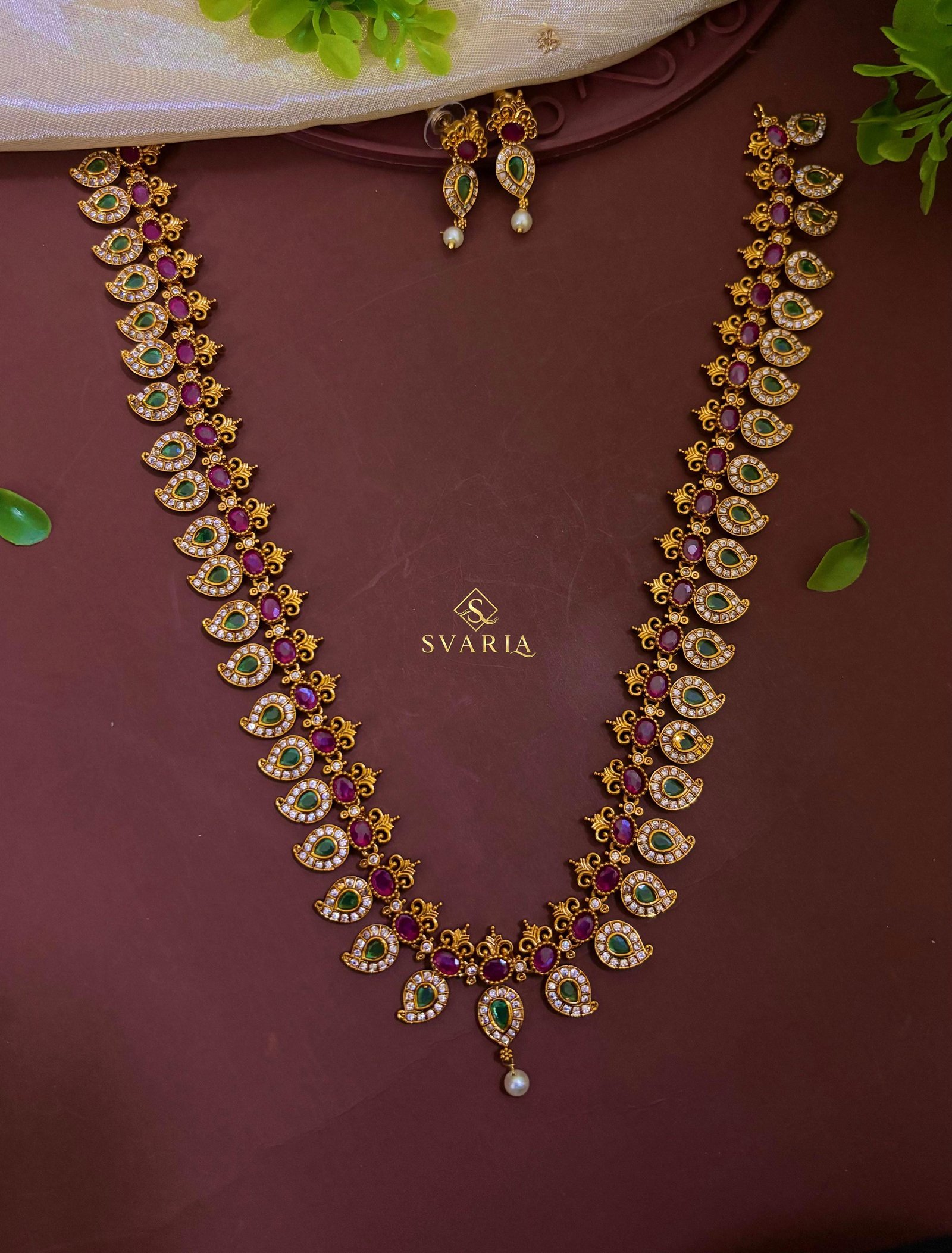 Ruby Emerald Mango Motif Long Haram with Earrings - S2007