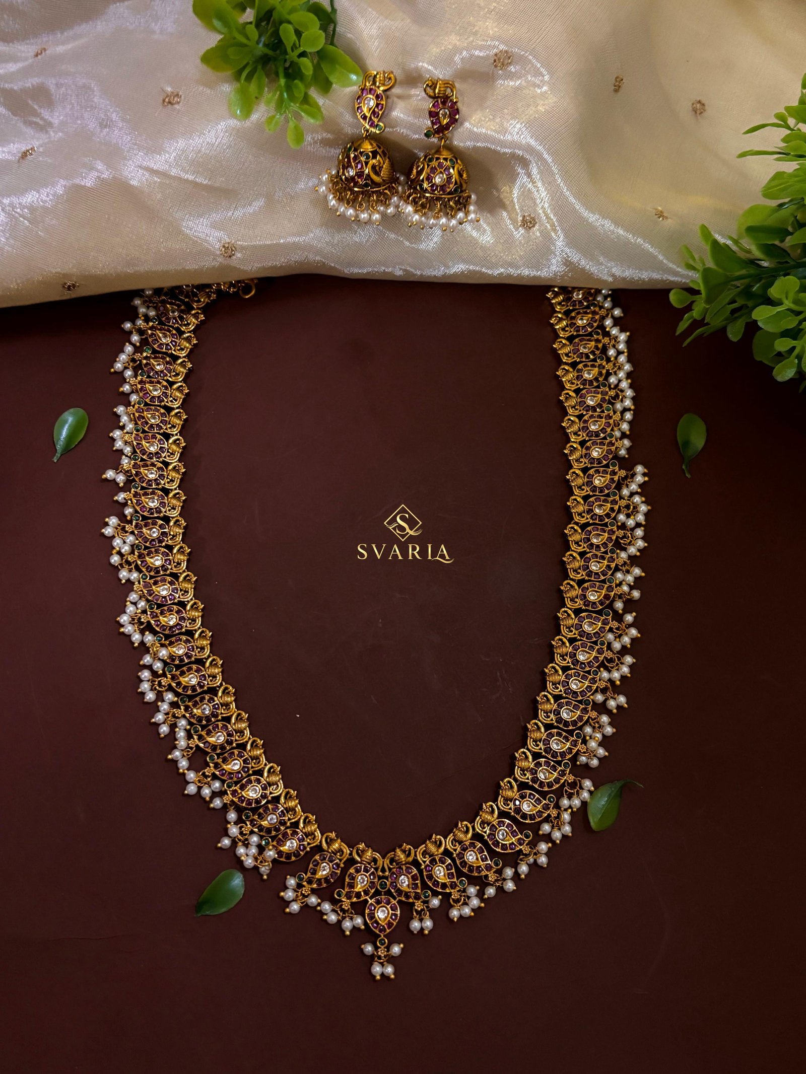 Peacock Ruby Pearl Long Haram with Jhumka Earrings - S2001
