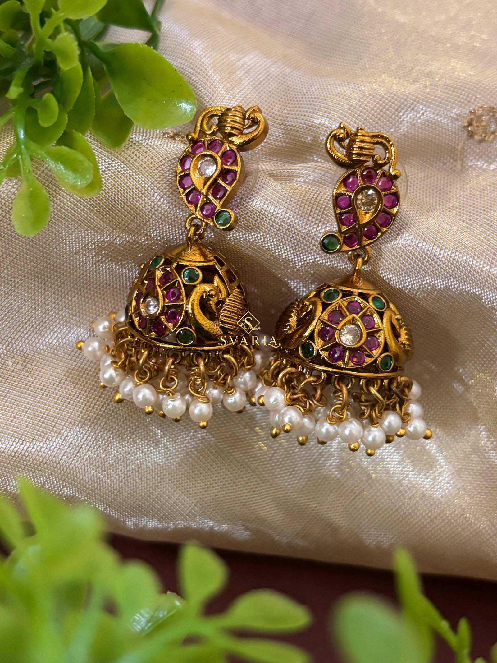 Peacock Ruby Pearl Long Haram with Jhumka Earrings - S2001