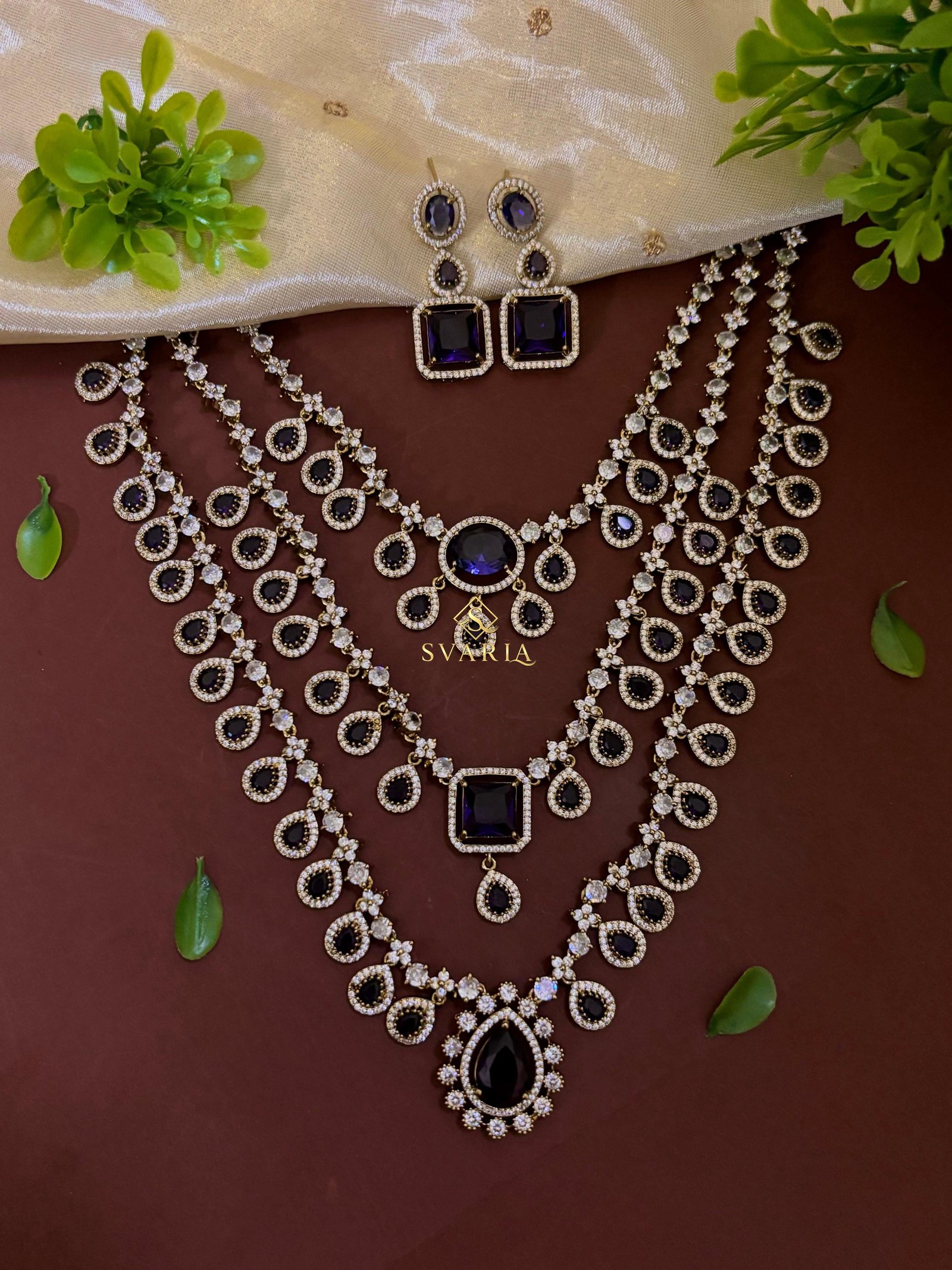 Sapphire Diamond Triple Layer Haram with Earrings - S2010