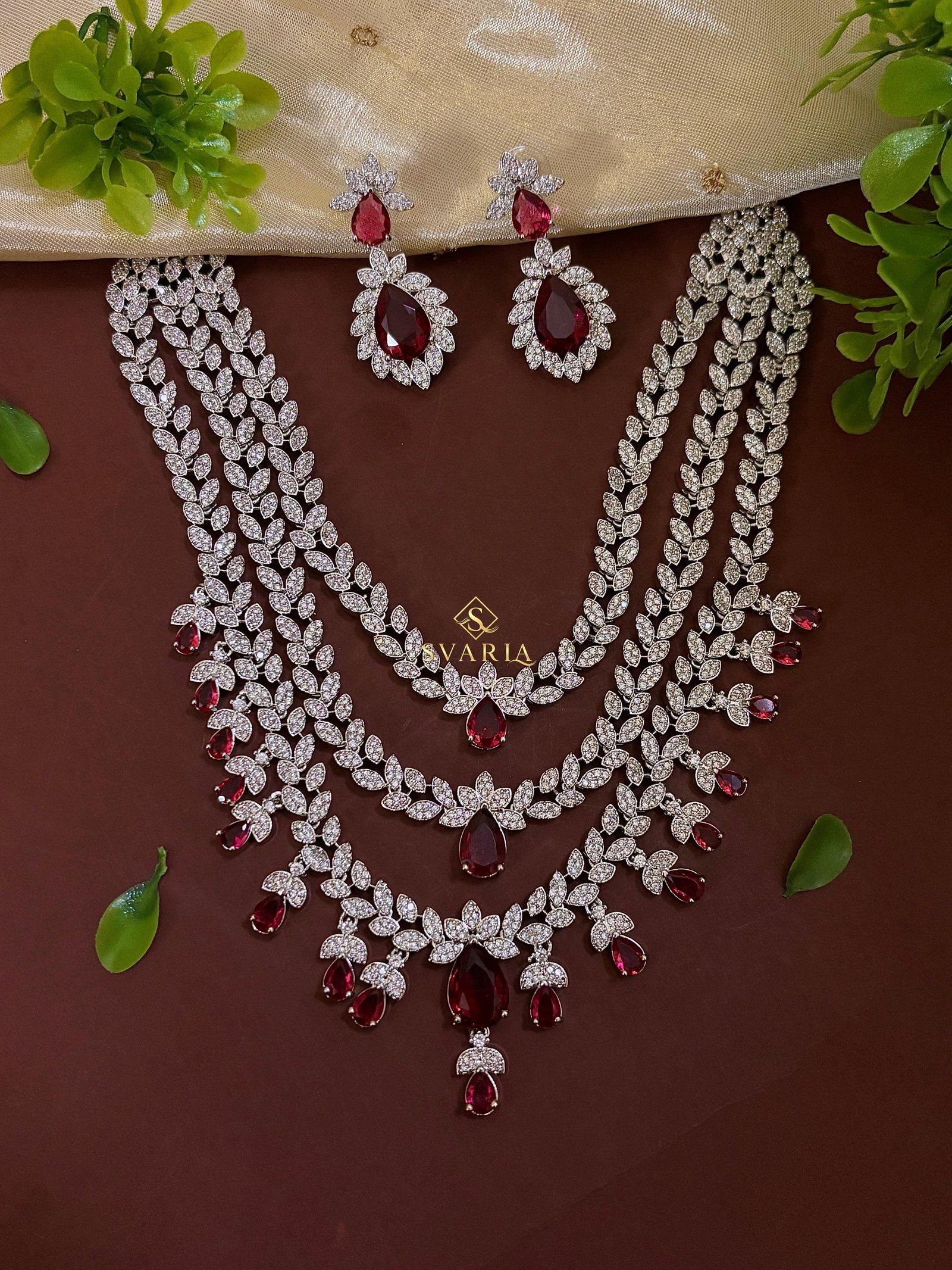 Ruby Diamond Leaf Triple Layer Haram with Earrings - S2009