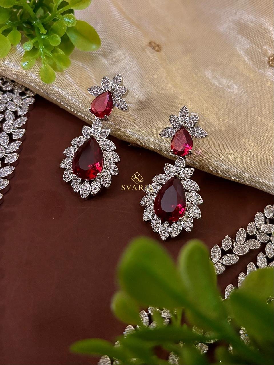 Ruby Diamond Leaf Triple Layer Haram with Earrings - S2009