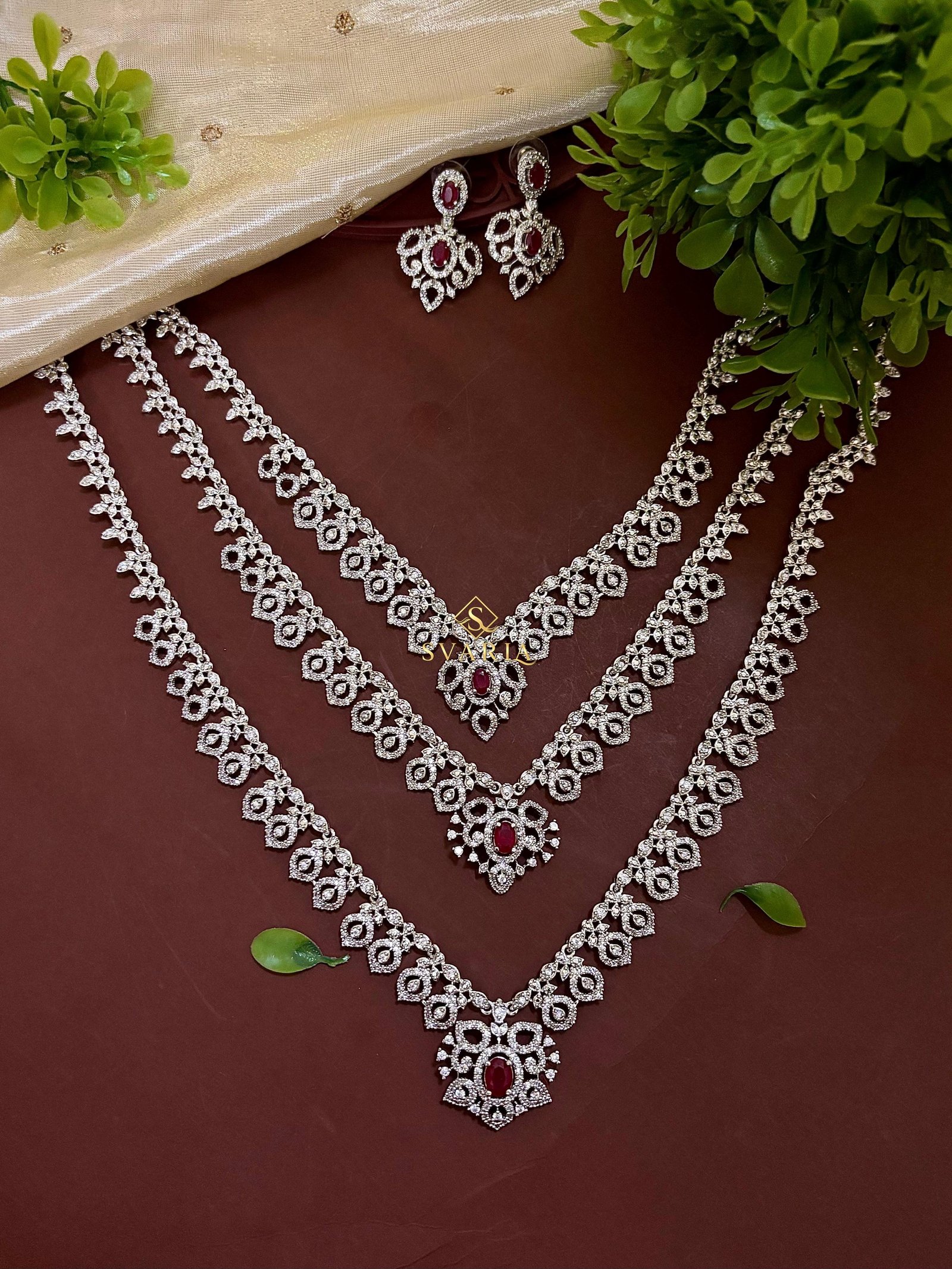 Ruby Diamond Scroll Triple Layer Haram with Earrings - S2004