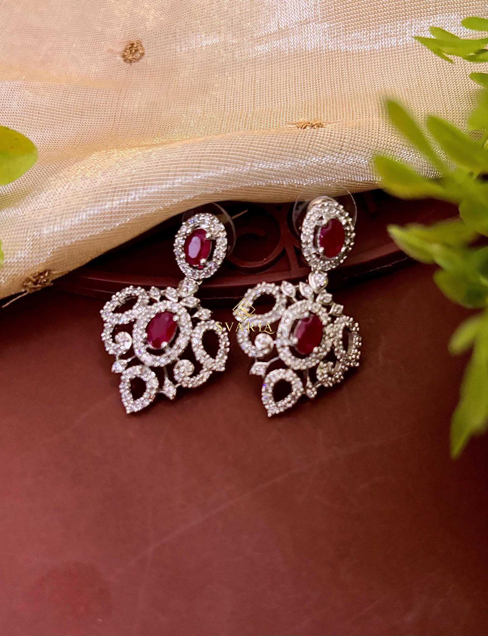 Ruby Diamond Scroll Triple Layer Haram with Earrings - S2004