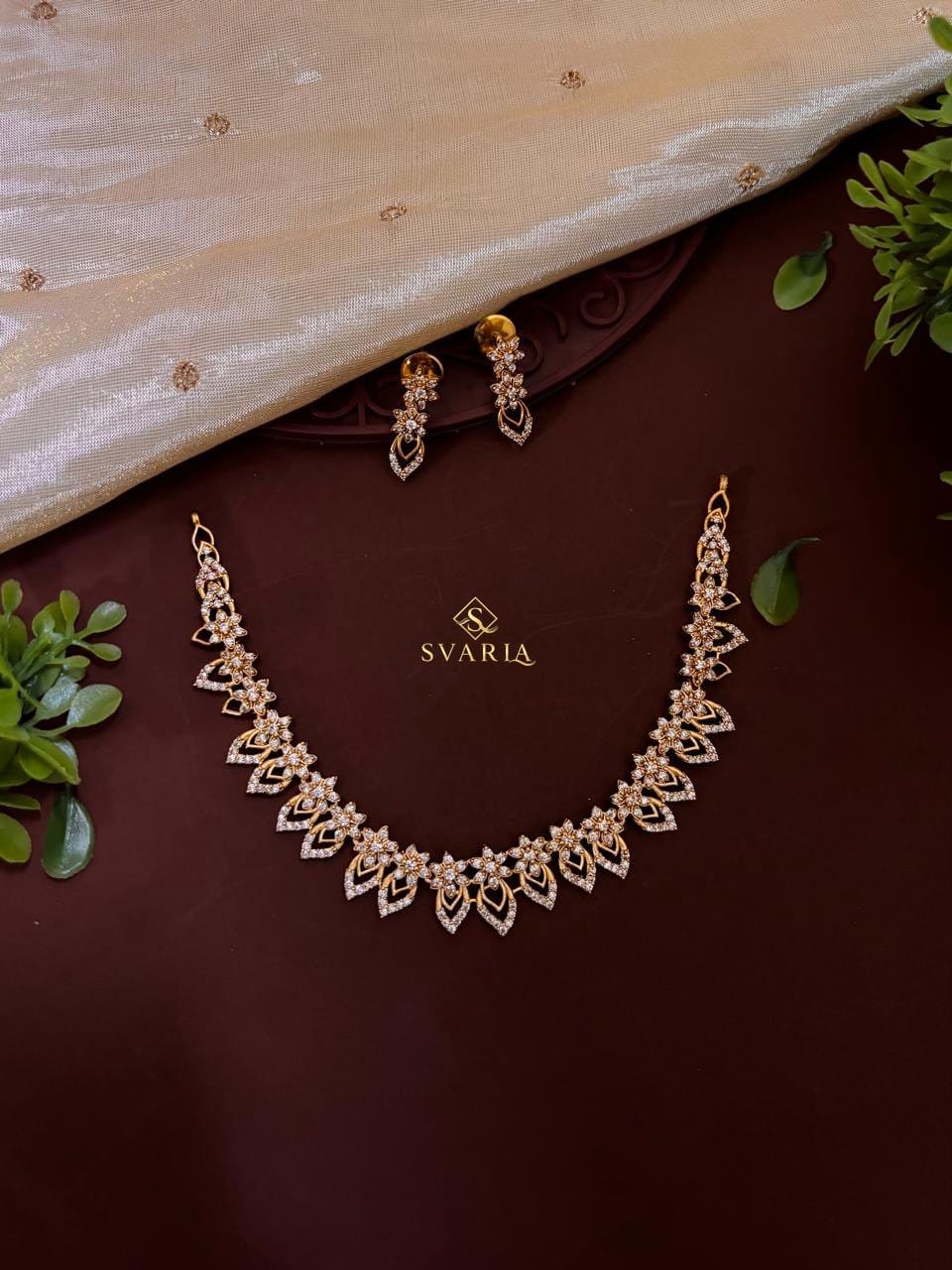 Diamond Floral Leaf Necklace Set with Drop Earrings - S1015