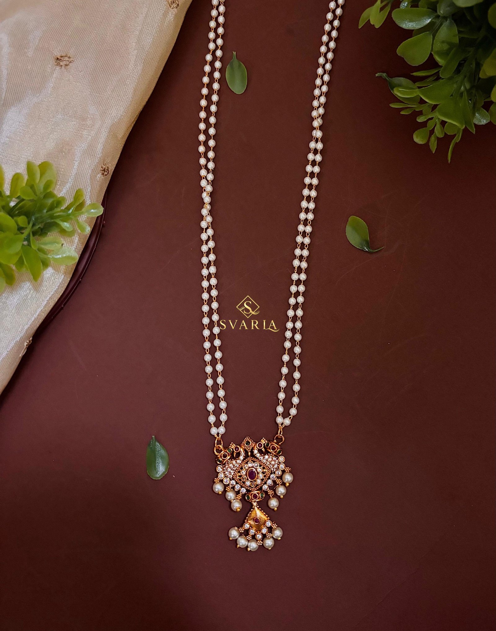 Double Strand Pearl Chain Necklace with Polki Ruby Pendant - S1013