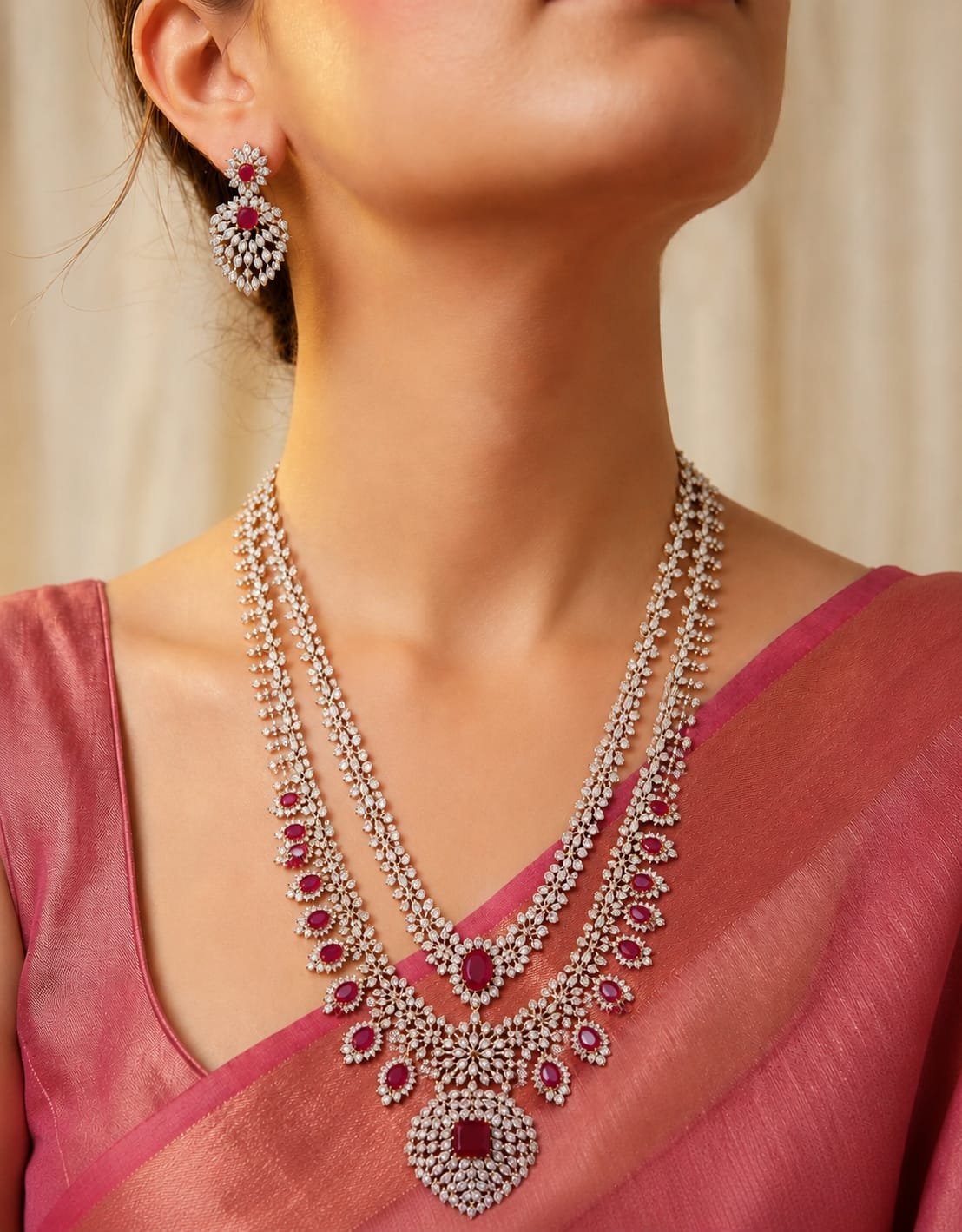 Diamond Ruby Long Haaram Necklace Set with Earrings – S2008