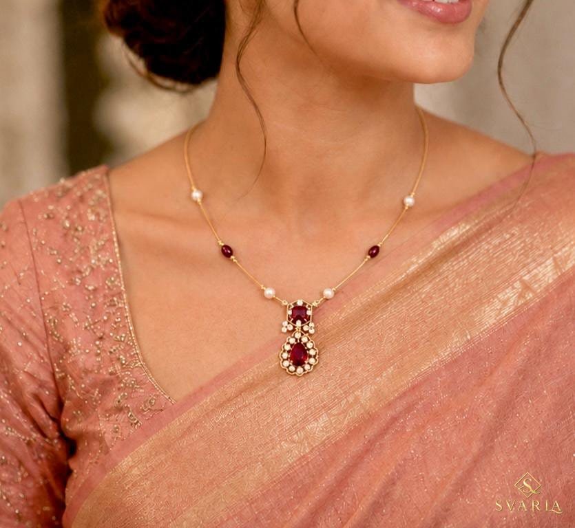 Gold Wire Ruby Diamond Floral Pendant Necklace with Pearl Accents - S1004