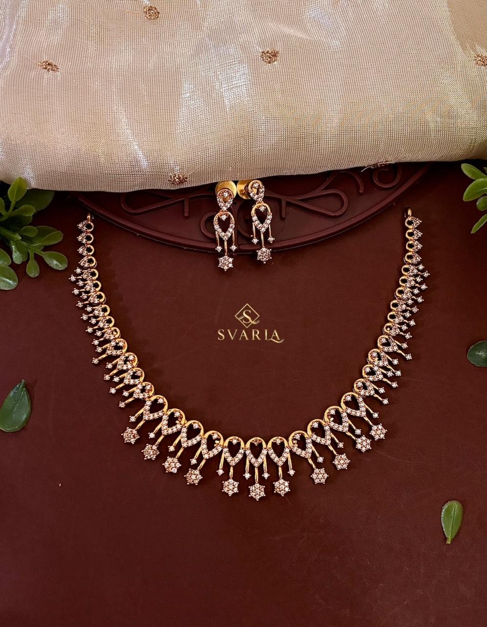 Gold CZ Heart Motif Choker Set with Floral Drop Earrings – S1016