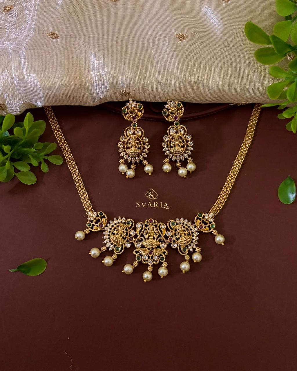 Lakshmi CZ Peacock Scrollwork Necklace with Pearl Drops & Earrings – S1021