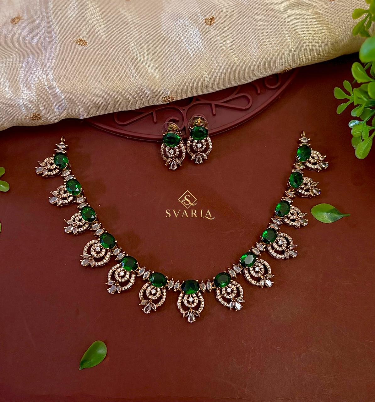Emerald Green CZ Swirl Necklace Set with Stud Earrings – S1037