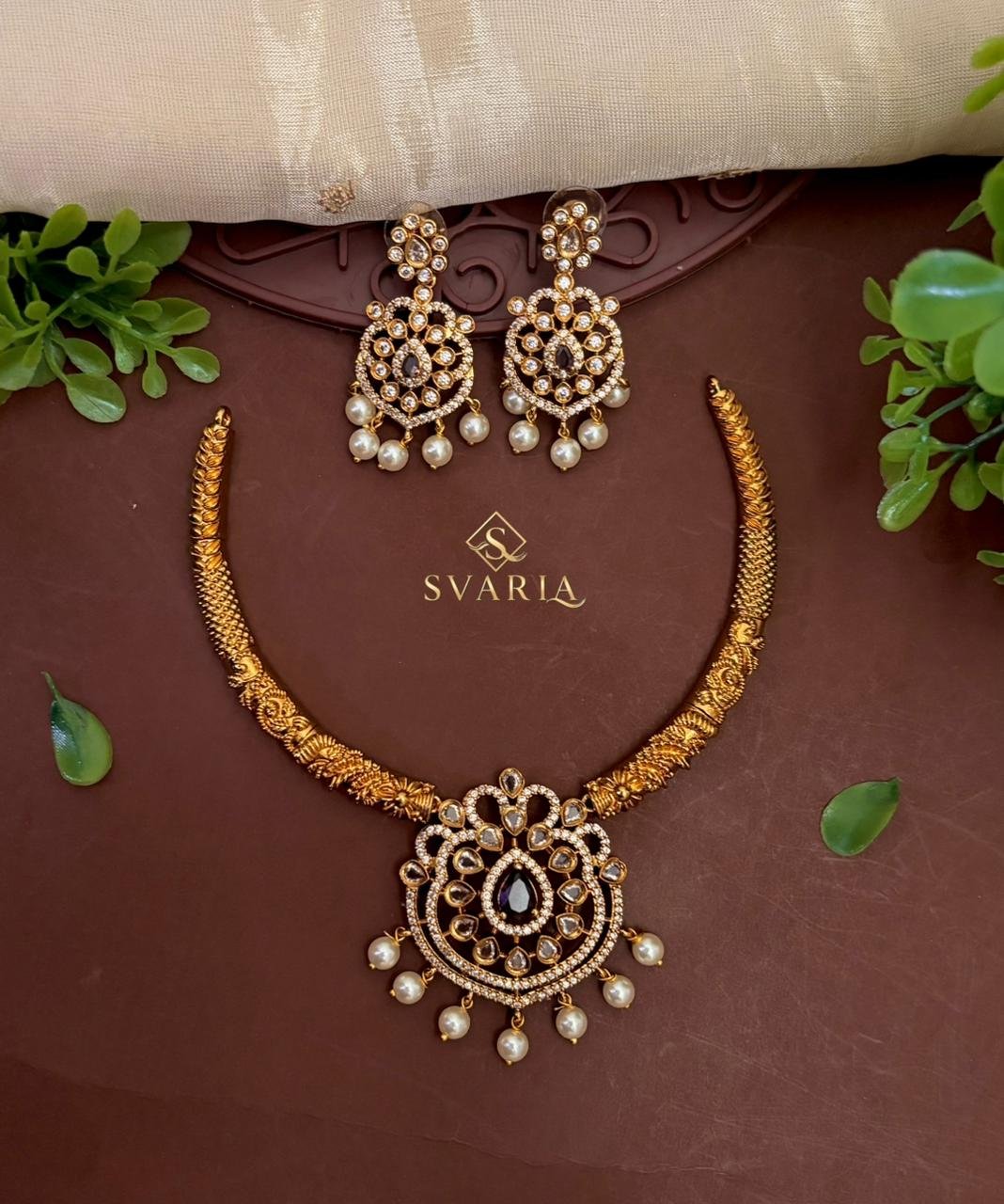 Gold Rope Necklace with Purple Onyx Polki Pendant & CZ Chandbali Earrings – S1024