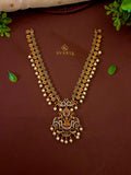 Lakshmi Kasu Coin Long Haaram with CZ Peacock Pendant & Pearl Drops – S1028