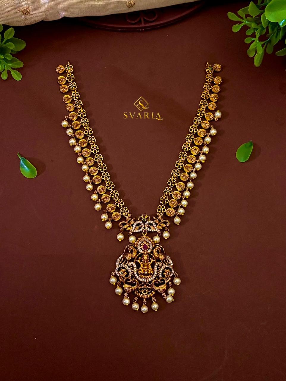 Lakshmi Kasu Coin Long Haaram with CZ Peacock Pendant & Pearl Drops – S1028